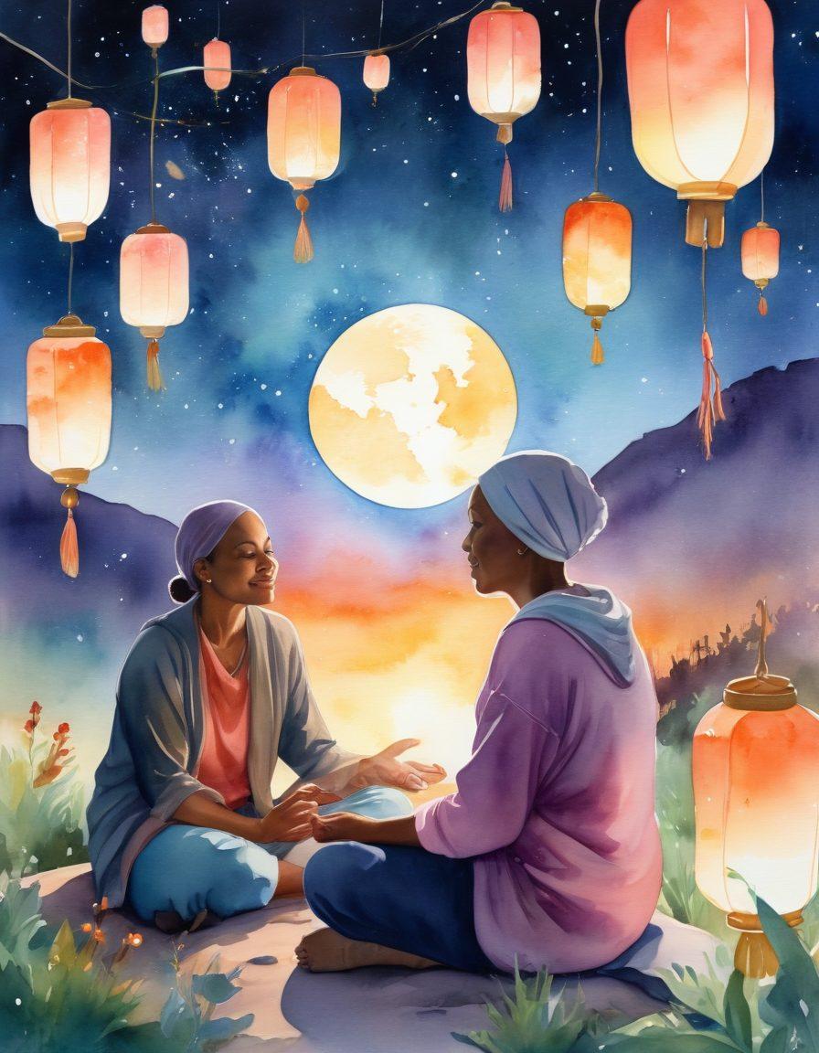 A serene landscape featuring a diverse group of cancer survivors sharing empowering stories under a starlit sky. Highlight symbols of hope and wellness like a radiant sun rising in the background, soft glowing lanterns, and abstract representations of holistic healing like herbs and crystals. The scene conveys a sense of community, strength, and transformation. watercolor painting. vibrant colors. ethereal atmosphere.