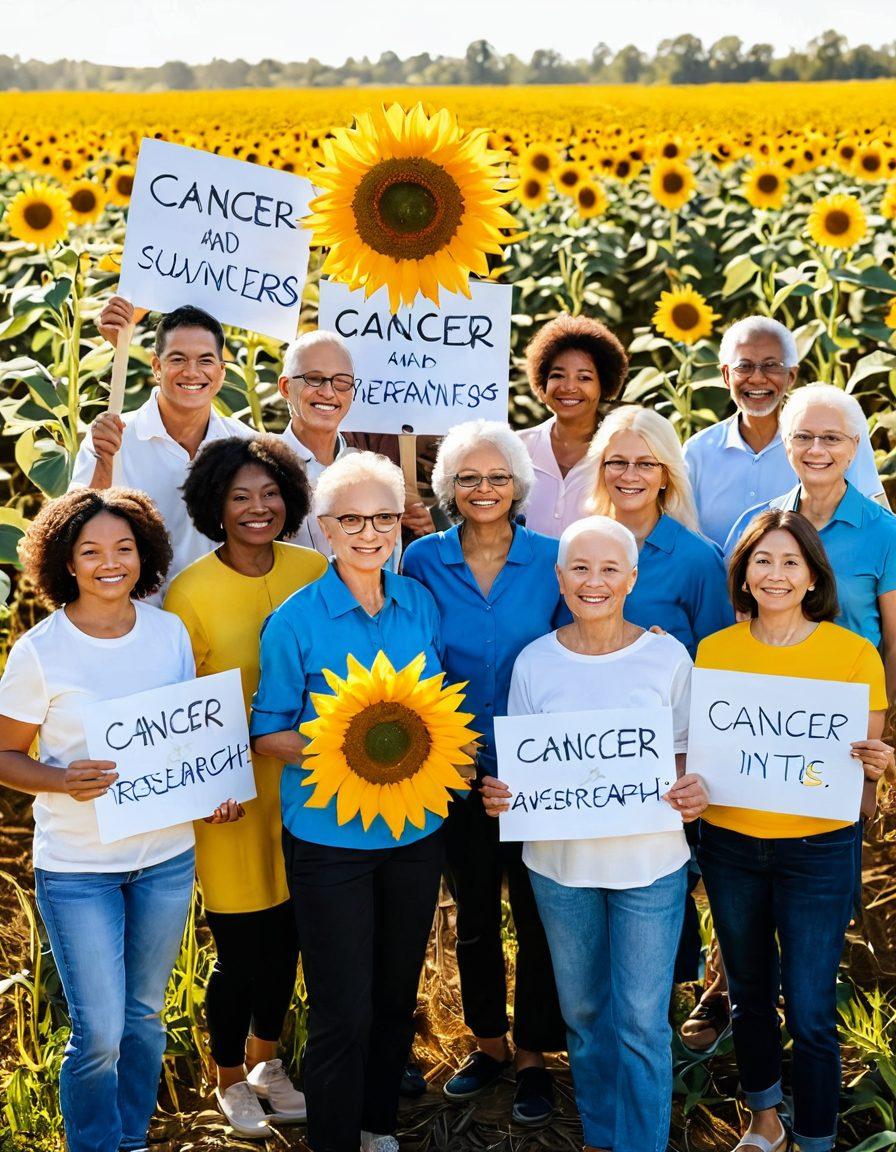 A diverse group of people of different ages and ethnicities standing together in a sunflower field, each holding a sign promoting cancer awareness and research. Soft sunlight shines down, creating a warm and hopeful atmosphere, symbolizing unity and support. Include elements like ribbons representing different types of cancer and a background featuring a blue sky. bright colors. painting.
