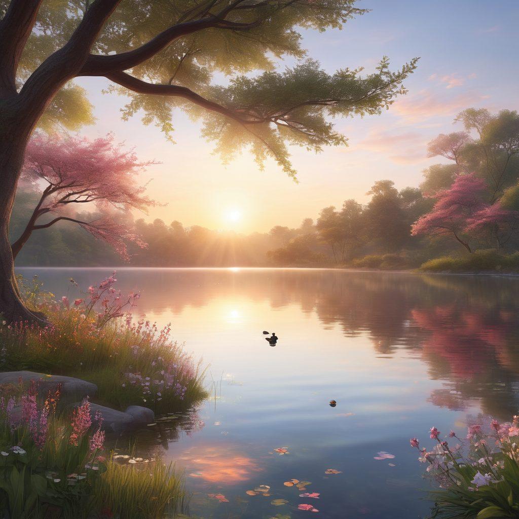 A serene landscape depicting a sunrise over a tranquil lake, where a diverse group of survivors practice mindfulness through meditation and yoga on the shore. Surrounding them are blossoming flowers and gentle trees, symbolizing growth and healing. Ethereal soft light and vibrant colors create a peaceful atmosphere. super-realistic. vibrant colors. peaceful scene.